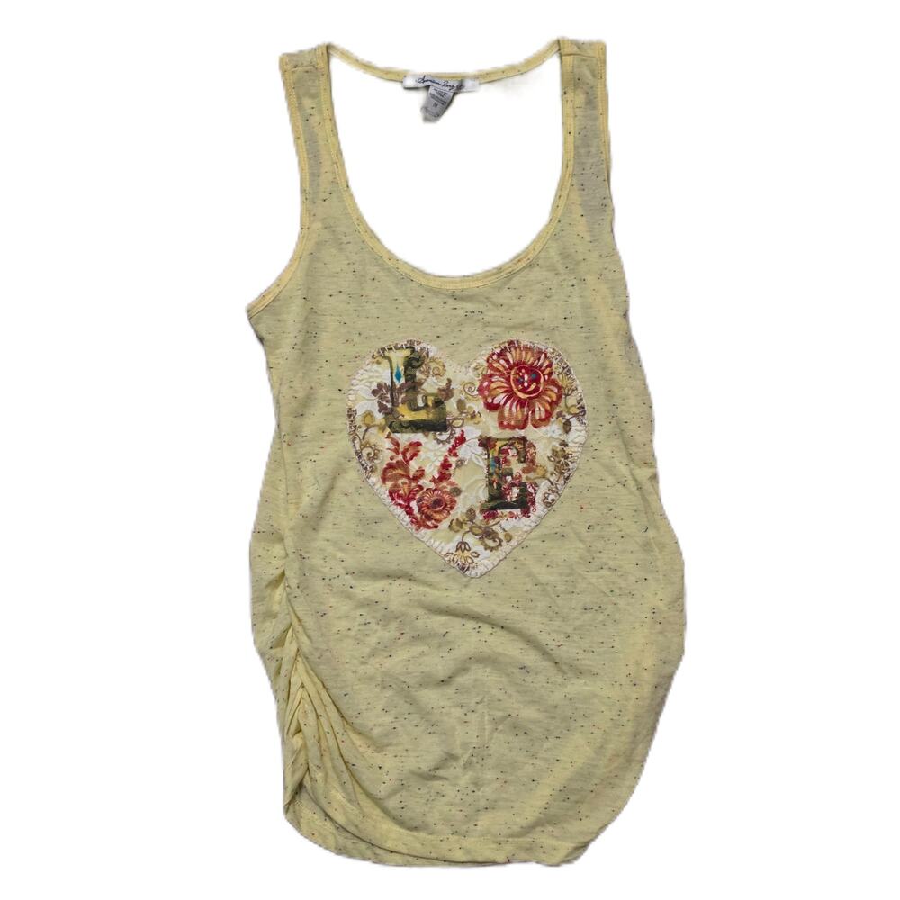 American Rag Speckled Yellow Tank M – Heart Graphic Top with Ruched Side – NWOT